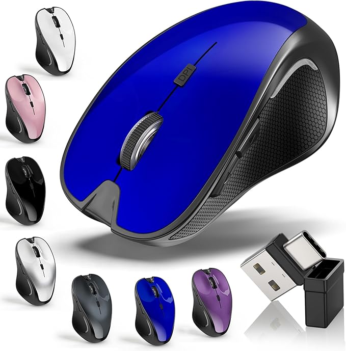 Mouse for MacBook Bluetooth Wireless Mouse Laptop MacBook Air Mac Pro Silent Rechargeable PC iPad Optical Mouse with Jiggler Dual Mode Switch Bluetooth 5.2/3.0 and 2.4GHz USB Type-C Receiver BLUE