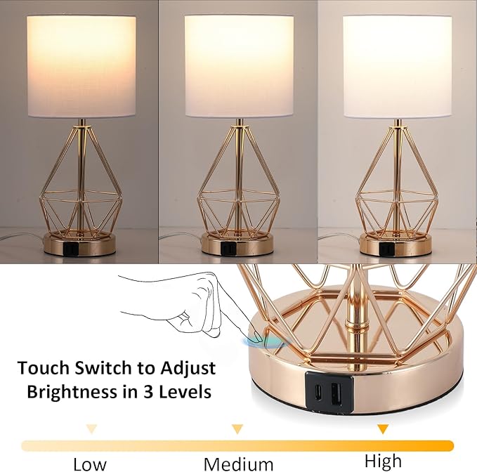 Table Lamp with USB Port, 3 Way Dimmable Touch Lamps for Nightstand, Modern Small Bedside Lamp with Fabric Shade, Gold Side Table Lamp for Bedroom Living Room, USB A & C, LED Bulb Included