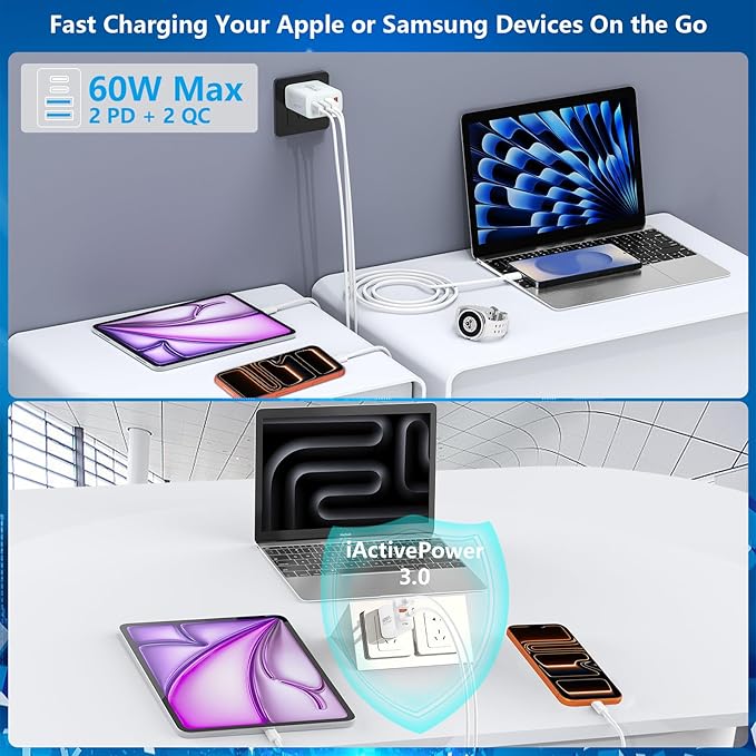 USB C Charger Block, LANWK 2Pack 60W 4Port USB C Wall Chargers Dynamic Power Adapter Dual PD&QC Type C Fast Charging Brick USB-A Charger for iPhone 17 17 Pro Max 16 15 14 13 12 11/Galaxy S26/S25/Pixel