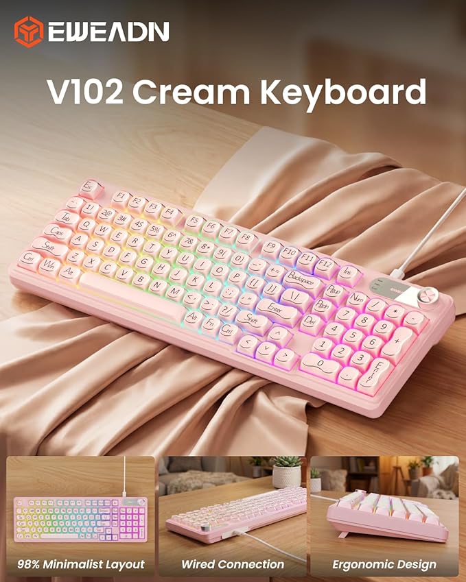 EWEADN V102 Wired Keyboard, 98 Keys Creamy Gaming Keyboard with Number Pad, Display Screen & Media Knob RGB Silent Wired Cute Computer Keyboard for Laptop PC Gamer - Pink
