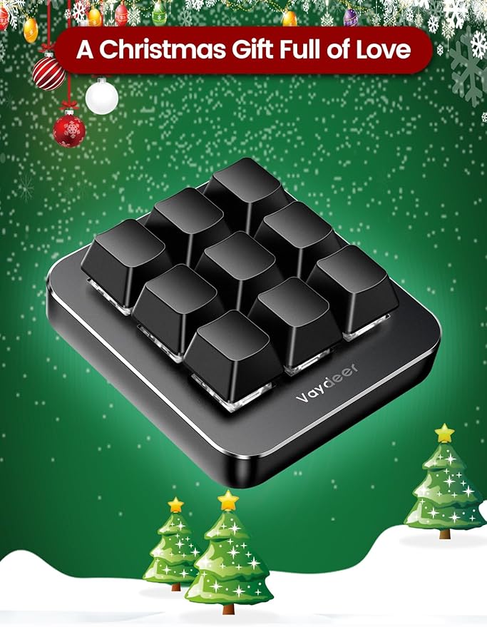 Vaydeer One-Handed Mechanical Keyboard Support NKRO, Hotkeys, One-Click Start,9 Fully Programmable Keys with Floating Window and Macro Multifunctional Keypad for iOS,Windows, Gift Idea for Him/Her