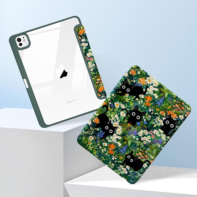 MrARTIST for for iPad Pro 11 Inch Case (M5/M4) 2025/2024 6th/5th Generation Case Cute for Women Girls Girly Kawaii Aesthetic Flowers Design for Apple Tablet Cover with Pencil Holder, Cat Garden