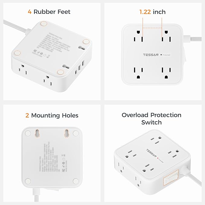 TESSAN Surge Protector Power Strip, 5 Ft Flat Plug Extension Cord with 3 USB (1 USB C) 8 Outlets, 1250W, 900J Protection, 3 Sided Outlet Extender with Power Switch for Office, Dorm Room, White
