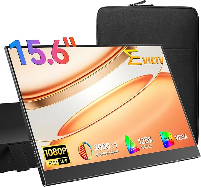 EVICIV Portable Monitor 15.6", 125% sRGB 1080P Laptop Monitor, 350 Nits, 2000:1 Contrast Ultra-Slim Display, USB-C & MINI HDMI, VESA & Case, Travel Second Screen for Computer, Mini PC, Game Consoles
