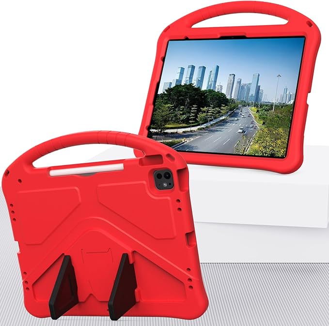 Kids Case for Apple iPad Air 13 M4 M3 M2 2026 2025 2024/ iPad Pro 13 M5 M4 2025 2024/ Pro 12.9" 2022/2021/2020/2018, EVA Shockproof Handle Kickstand Lightweight Cover with Shoulder Strap, Red