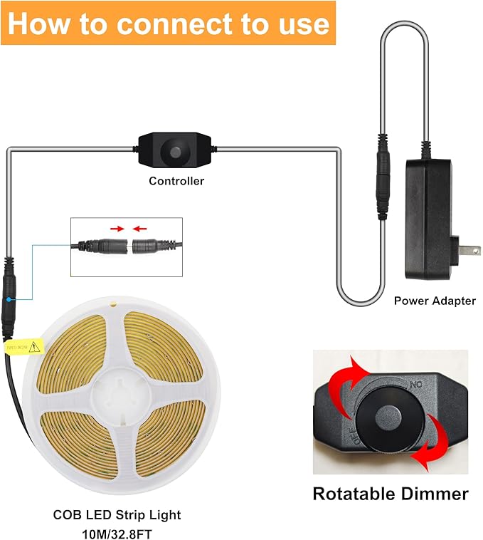COB LED Strip, 32.8ft Warm White 3000K COB LED Strip Light, Dimmable LED Light Strip, CRI92+, 8mm Width, 24V Flexible LED Tape Light for TV, Bedroom, Kitchen Cabinet, Closet, Home Decoration.