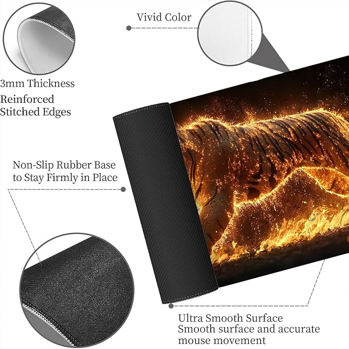 Tiger Mouse Pad Large Fire Running Animal Wildlife Mousepad XL Large Gaming Mouse Pad Laptop Keyboard Mat Desk Pad Great for Work-from-Home or Office Use 31.5x11.8 Inch