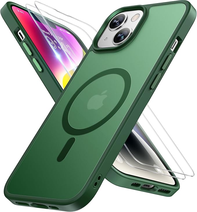 Miracase Magnetic for iPhone 14 Plus Case 6.7 inch (Compatible with MagSafe)（with 2X Screen Protectors） Military-Grade Protection, Anti-Fingerprint Translucent Matte Phone Case Cover, Dark Green