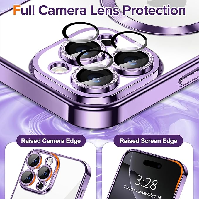 Hython Magnetic Clear for iPhone 16 Pro Max Case with Camera Lens Protector [Compatible with MagSafe] Plating Edge Slim Soft TPU Cover Protective Phone Case for iPhone 16 Pro Max 6.9", Deep Purple