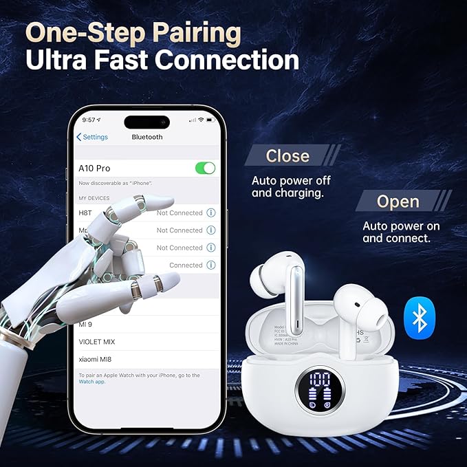 Wireless Earbuds, Bluetooth 5.3 Headphones HiFi Stereo 50H Playback LED Digital Display Ear Buds with ENC Noise Canceling Headset, IPX7 Waterproof Earphones for Gym/Running/Work (White)