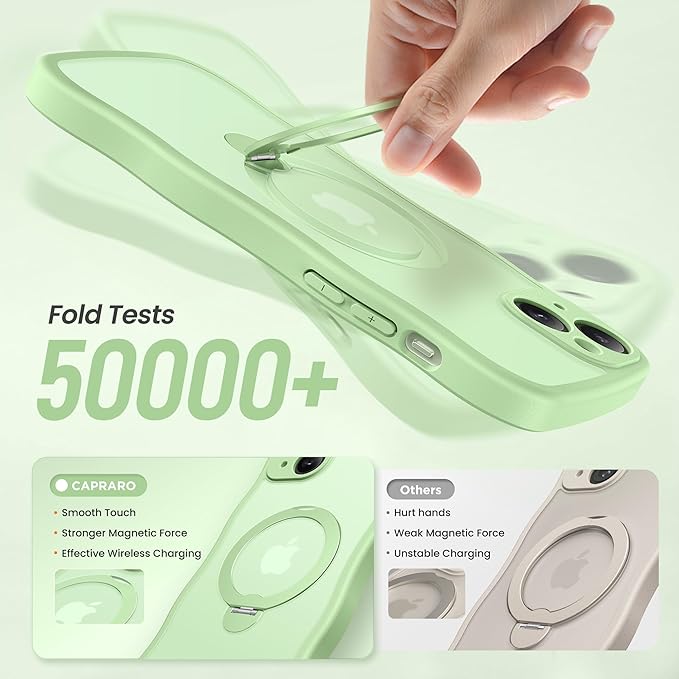 CAPRARO for iPhone 15 Case with 360° Spin Magnetic Stand for Women, [Compatible with MagSafe] [Full Camera Protection] Cute Wave Translucent Matte Case for iPhone 15, Light Green