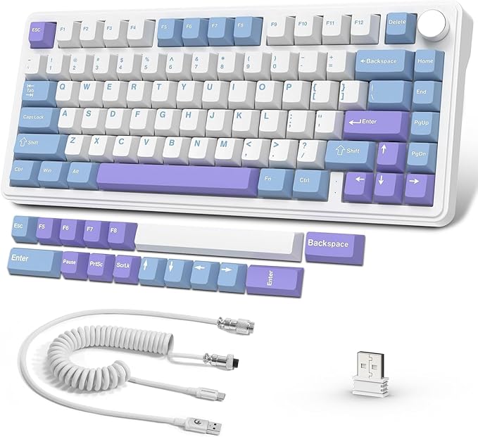 ATTACK SHARK X85 Wireless Gaming Keyboard with Knob Hot Swappable 75% Mechanical Keyboard Bluetooth/2.4GHz/USB-C PBT Keycaps Gasket RGB Coiled Cable Linear White Jade Switch Custom for Win/PC/MAC