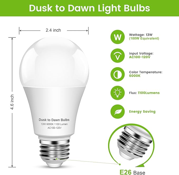 OHLUX Dusk to Dawn Outdoor Light Bulb, 13W 60W Equivalent Energy Saving A19 E26 Led Bulb, 5000K Cool White Smart Automatic On Off Photocell Sensor, 1100LM, 3 Pack
