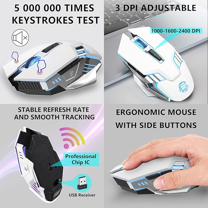 Bluetooth Wireless Gaming Mouse, RGB Rechargeable USB Wireless Mouse, Quiet Click, LED Backlit, Ergonomic, with Side Button, DPI Adjustable Computer Mice for Laptop PC MacBook Chromebook - White