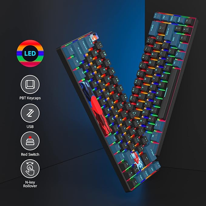 Protable 60% Percent Gaming Keyboard Mechanical, Mini Compact Backlit 68 Keys Wired Office Keyboard with Red Switch for Mac/Win (Monstor Black/red Switch 68)