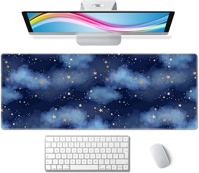 Stars and Clouds Desk Mat Large Gaming Mouse Pad XL Extended Mousepad Desk Pad Big Keyboard Pad Desktop Mouse Mat 31.5"x11.8" Deskmat for Gamers with Stitched Edges Non-Slip Rubber Base