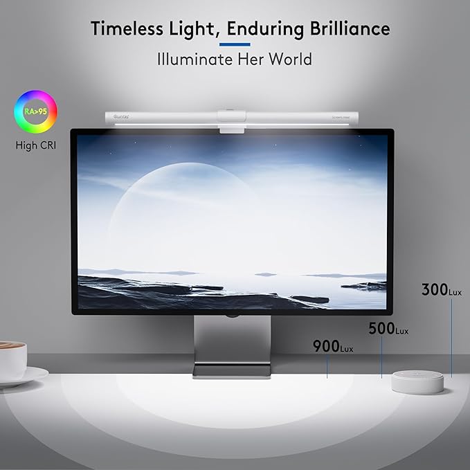 Quntis Monitor Light Bar with Remote, Eye-Care No Glare, Space Saving Home Office Desk Lamp, White, Stepless Dimming, Easy Setup LED Computer Light Backlight for Curved Gaming Monitors Mother's Day