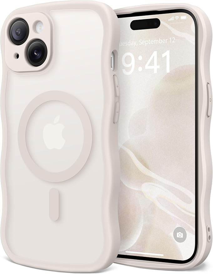 CAPRARO Cute for iPhone 15 Plus Case, Compatible with MagSafe, [Curly Wave Edge] [Full Camera Protection] [14 FT Drop Protection] Magnetic Phone Case for 15 Plus 6.7 Inch, Stone