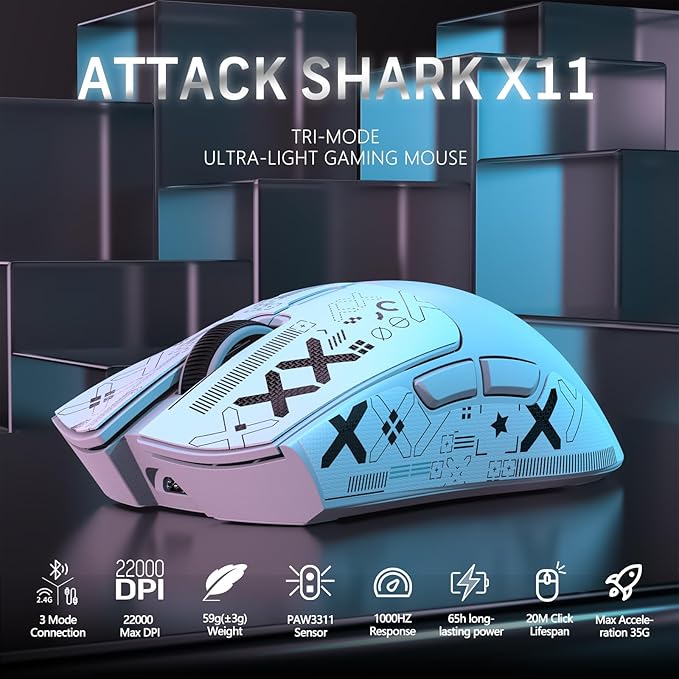 MAGIC-REFINER Attack Shark X11 59g Superlight Wireless Gaming Mouse with Grip Tape, RGB Charging Dock，BT/2.4G Wireless/Wired Pc Mouse, 22000 DPI,5 Programmable Buttons for Pc/Mac(White)