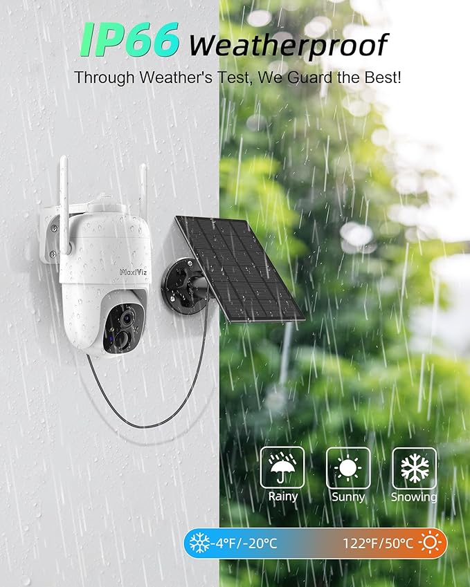 MaxiViz Solar Security Camera Wireless Outdoor, 360° View Qutdoor Cameras for Home Security with AI Motion Detection, 2K Color Night Vision, Two-Way Talk, IP66 Weatherproof, SD/Cloud Storage