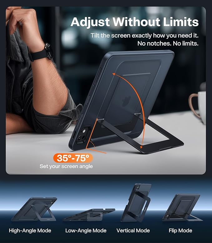 TORRAS Ostand K1 Guardian for iPad Pro 11 inch 4th/3rd/2nd/1st Generation 2022 2021 2020 2018 with Pencil Holder, Ultra Stable Stand, Multiple Adjustable Viewing Angles, Slim Protection, Black