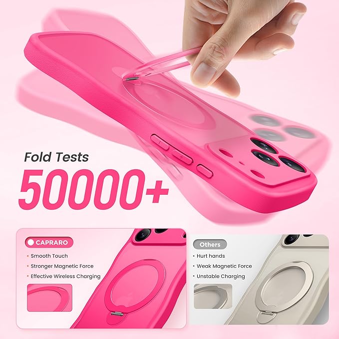CAPRARO for iPhone 17 Pro Max Case with 360° Spin Magnetic Stand for Women, [Compatible with MagSafe] [Full Camera Protection] Cute Wave Translucent Matte Case for iPhone 17 Pro Max,Hot Pink