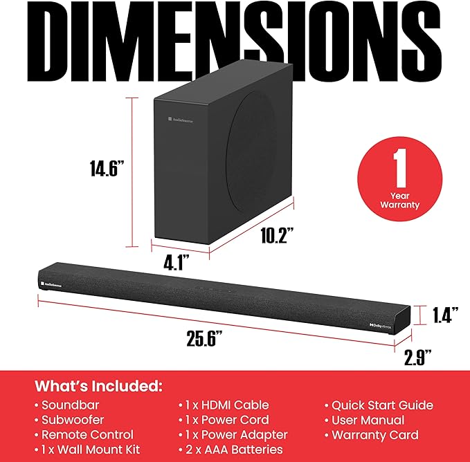 Audiosource 2.1 Soundbar, Wireless Subwoofer w/Dolby Atmos, Bluetooth Streaming for Smart TV and Multi-Devices, Compact Design, 240W Max Output, Remote Control Included, AS201
