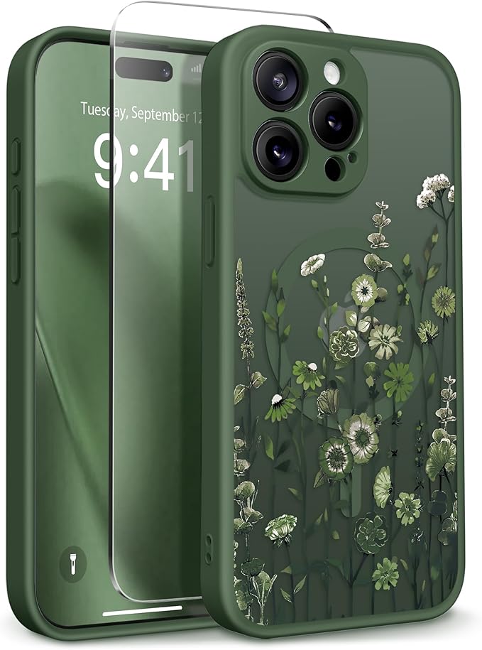 GVIEWIN for iPhone 15 Pro Case Compatible with MagSafe, [Military Grade Protection] [Screen Protector] Full Camera Protection Floral Translucent Women Magnetic Phone Case, Floratopia/Forest Green