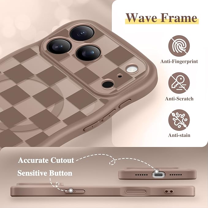 GVIEWIN for iPhone 17 Pro Case Compatible with MagSafe [Curly Wave Edge][Full Camera Protection] Floral Translucent Shockproof Magnetic Women Phone Case for iPhone 17 Pro 6.3'', Grids/Brown