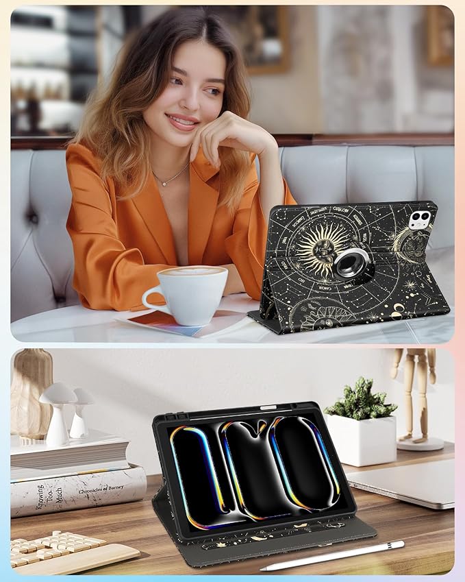 Kidcube for iPad Pro 13 Inch Case M4 2024 - Women Girls Cute Rotating Stand Folio Cover with Pencil Holder & Card Slot Girly Sun Moon Stars Design for iPad Pro 13 Inch Case 2024 (A2925 A2926 A3007)