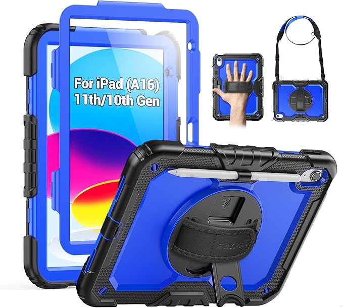 SEYMAC Case for iPad (A16) 11th/10th Generation 2025/2022 (11″/10.9″), Heavy Duty Full-Body Shockproof Protective Case with Screen Protector, Rotating Stand, Hand/Shoulder Strap, Black/Dark Blue
