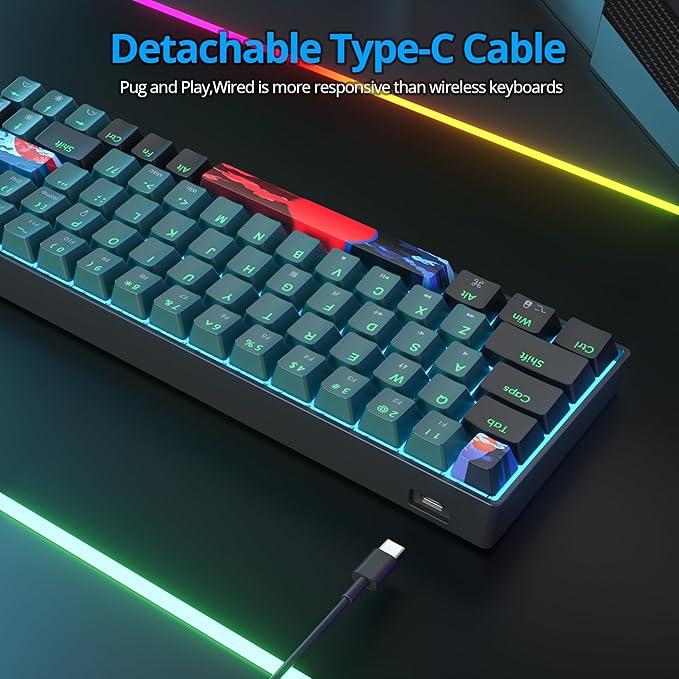 Protable 60% Percent Gaming Keyboard Mechanical, Mini Compact Ice-Blue LED Backlit 68 Keys Wired Office Keyboard with Red Switch for Mac/Win/PS4/PS5(68Green/red Switch)