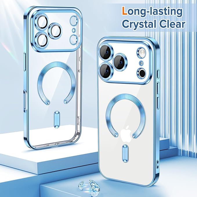 Hython Magnetic Clear for iPhone 17 Pro Max Case with Camera Lens Protector [Compatible with MagSafe] Plating Edge Slim Soft TPU Cover Protective Phone Case for iPhone 17 Pro Max 6.9", Light Blue