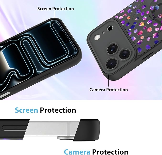 KANGHAR Compatible with iPhone 17 Pro Case, Support for MagSafe, Silicone Cute Iridescent Pattern Leopard Print Cheetah, Wristband Kickstand Shockproof Soft Slim Cover for Girls Women, Black