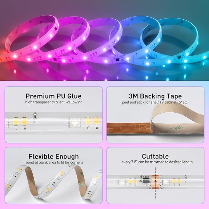 Shine Decor LED Strip Light RGBWW +CCT +IC, Multi Functions Warm/Cool White Tunable Bright Dimmable Color Chasing, Flexible Adhesive 16.4FT with Remote & 24V ETL Power for Indoor