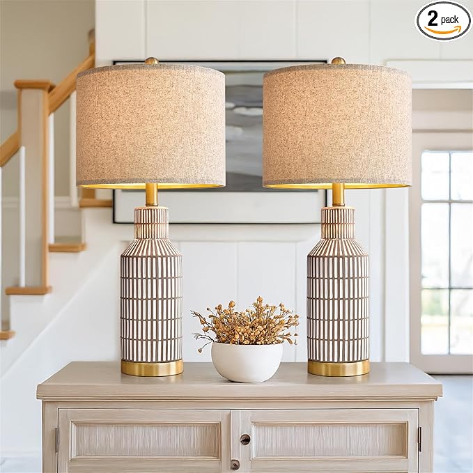USumkky 25" Table Lamps Set of 2, Modern Ceramic Bedside Lamps - Farmhouse Brown Nightstand Lamps for Bedroom, Boho Living Room End Table & Office Desk Decor