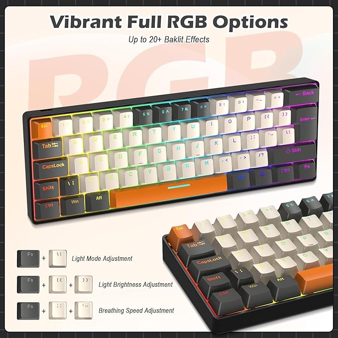 RK-T60 Wired 60% TKL Mechanical Gaming Keyboard Led Rainbow Backlight Ultra-Compact NKRO Linear Red Switch ABS Keycap RGB Honeycomb Mice Coiled Aviator Cable for Windows Laptop PS4/PC/WIN Gamer