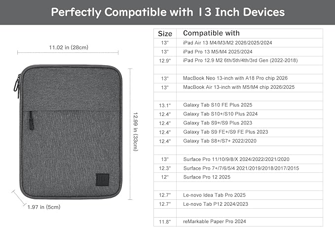 Dadanism 13 Inch Tablet Sleeve Padded Carrying Case for New iPad Air 13" M4/M3 2026/2025, iPad Pro 13" M5/M4 2025/2024, Galaxy Tab S10+/S9 FE+/S9+ 12.4", Remarkable Paper Pro 11.8", Space Gray