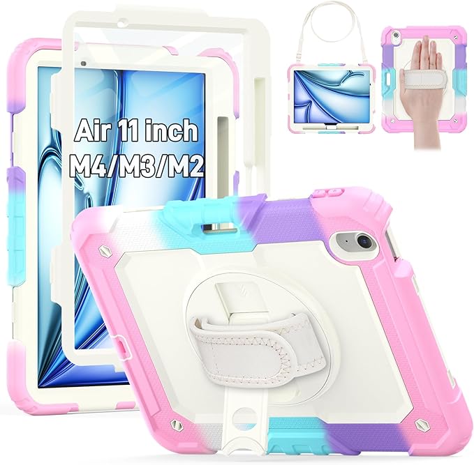 HXCASEAC Shockproof Case for iPad Air 11 inch M4 M3 M2 (2026 2025 2024), Full Body Protective with Pencil Holder, Built-in Screen Protector, Rotating Stand, Hand Strap, for iPad Air 11 Case (Pink)