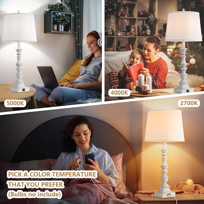 27.5'' Farmhouse Table Lamps Set of 2, Rustic Bedroom Lamps for Nightstand with Dual USB Charging, White Traditional Bedside Desk Lamps with Vintage Beige Fabric Shade for Living Room Kids Study Room