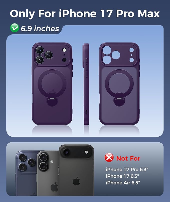 FNTCASE for iPhone 17 Pro-Max Case: [360 Spin Magnetic Stand] [Compatible with Magsafe] [Screen Protector] Translucent Matte Military Grade Shockproof Full Camera Protective Phone Cover - Purple