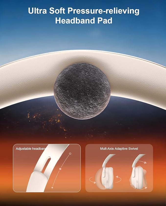 Hybrid Active Noise Cancelling Headphones, Over-Ear Bluetooth Headphone with Hi-Res Audio, 60H Playtime, Deep Bass, Transparency Mode, Foldable Comfort Ear Cups, Ideal gift for Travel Office - Beige