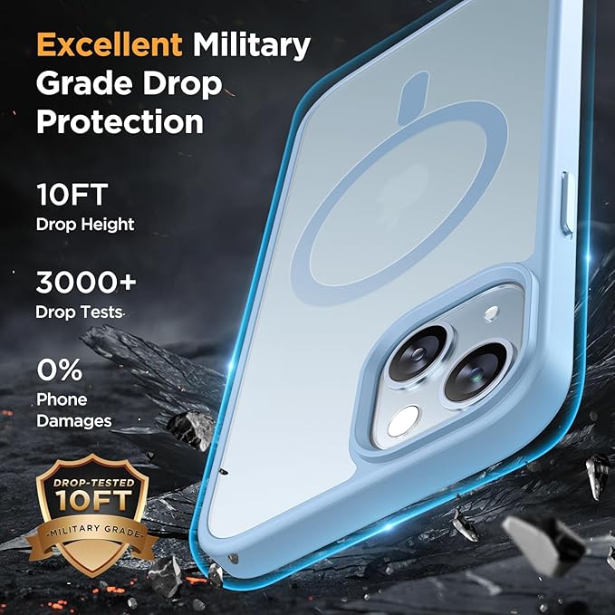 Miracase Magnetic for iPhone 14 Case 6.1 inch (Compatible with MagSafe)（with 2X Screen Protectors） Military-Grade Protection, Anti-Fingerprint Translucent Matte Phone Case Cover, Light Blue