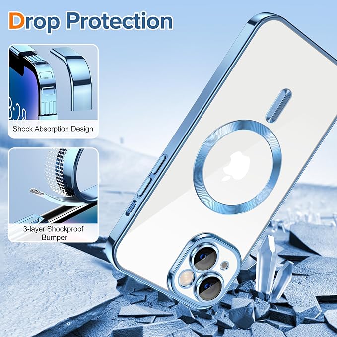 Hython Magnetic Clear for iPhone 14 Plus Case with Camera Lens Protector [Compatible with MagSafe] Luxury Plating Edge Slim Soft TPU Cover Protective Phone Case for iPhone 14 Plus 6.7", Light Blue