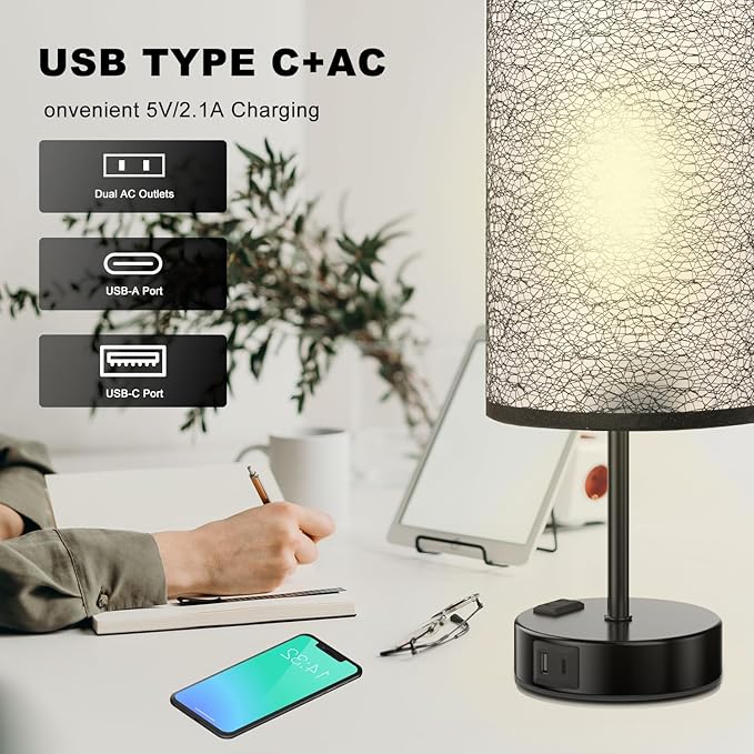 YIDPU Table Lamp for Bedroom with Touch Control,Bedside Lamp with USB C+A Charging Ports& AC Outlets, Adjustable 3color LED Light for Home Decor/Nightstand/Bedroom/Office,Included Bulb