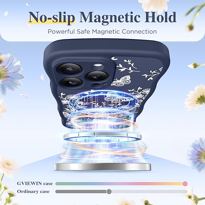 GVIEWIN for iPhone 15 Pro Max Case Compatible with MagSafe [Curly Wave Edge][Full Camera Protection] Floral Translucent Shockproof Magnetic Women Phone Case for 15 Pro Max 6.7'', Tuberose/Blue