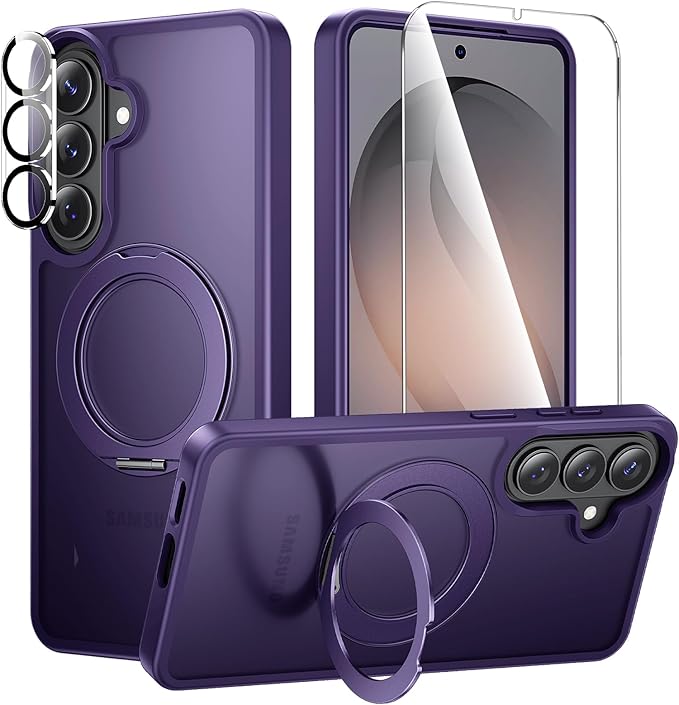 360°Ring Stand for Samsung Galaxy S26 Plus Case with 1X Screen Protector +1X Camera Cover,Fit for MagSafe, Translucent Matte Cover & Scratch-Resistant Back Cover for Galaxy S26 Plus 6.7", Purple