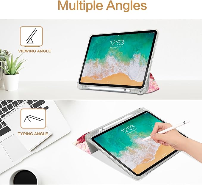 for iPad (A16) 11Th/10Th Generation Case 2025/2022,for iPad Case 11Th/10Th Generation, 10Th/11Th Gen Slim Cover Pencil Holder & 2 Viewing Angles & Typing Stand, Black Art Flower