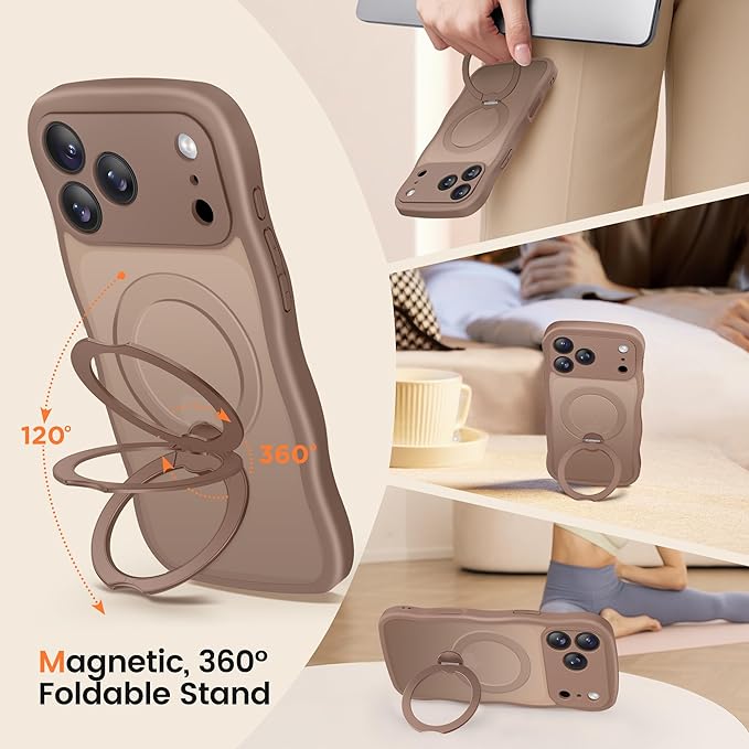 CAPRARO for iPhone 17 Pro Max Case with 360° Spin Magnetic Stand for Women, [Compatible with MagSafe] [Full Camera Protection] Cute Wave Translucent Matte Case for iPhone 17 Pro Max, Brown