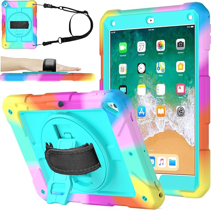 BMOUO Case for iPad 6th/5th Generation Case (9.7 inch, 2018/2017), 360°Rotating Stand, Hand/Shoulder Strap Shockproof iPad 9.7” Case for iPad Air 2, Turquoise